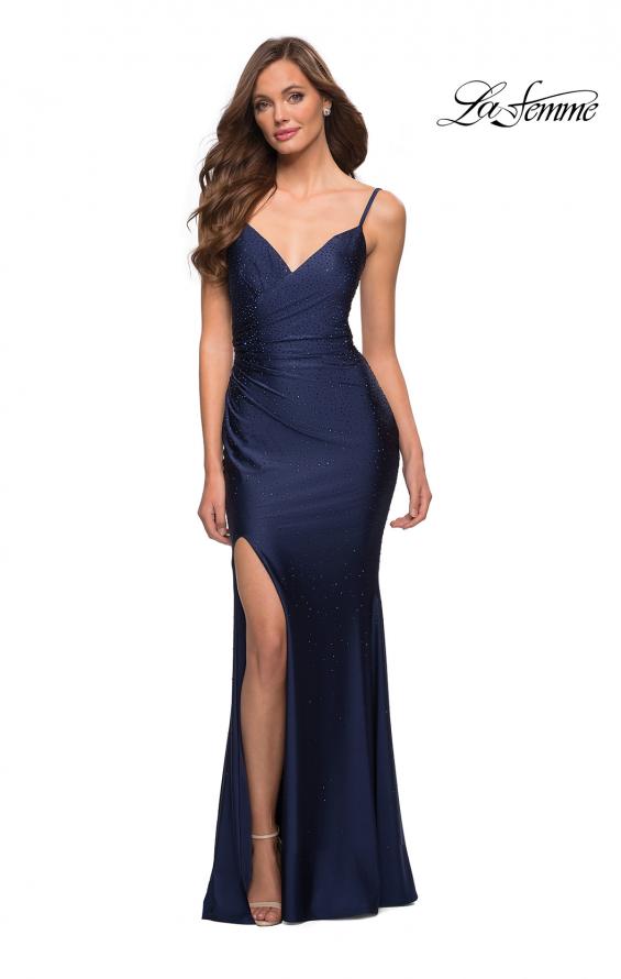 Picture of: Rhinestone Jersey Gown with Wrap Style Front in Navy, Style 29938, Detail Picture 1