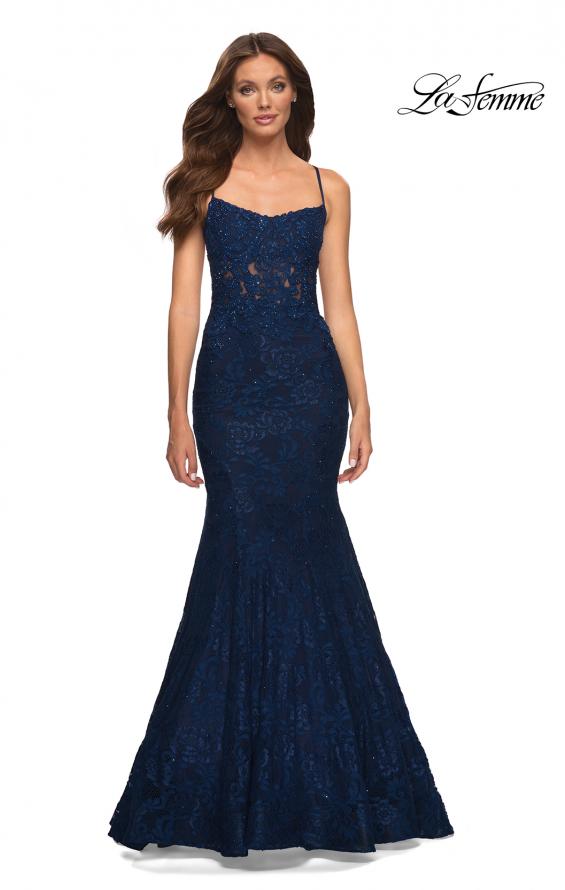 Picture of: Mermaid Lace Gown with Sheer Bodice and Open Back in Blue, Style: 30467, Detail Picture 1