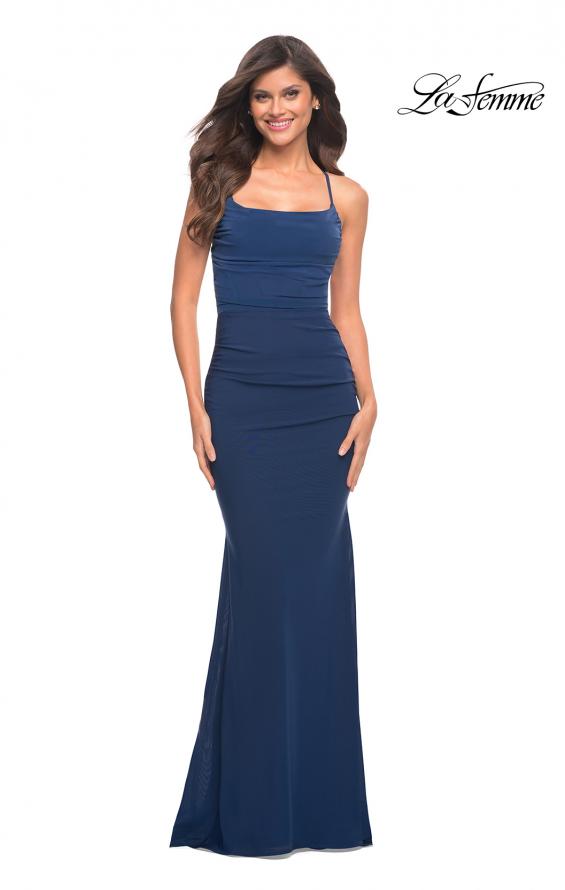 Picture of: Ruched Net Jersey Gown with Square Neckline in Blue, Style: 30493, Detail Picture 1