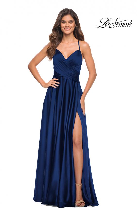 Picture of: Satin Jewel Tone Gown with Criss-Cross Ruched Top in Navy, Style: 30512, Detail Picture 1