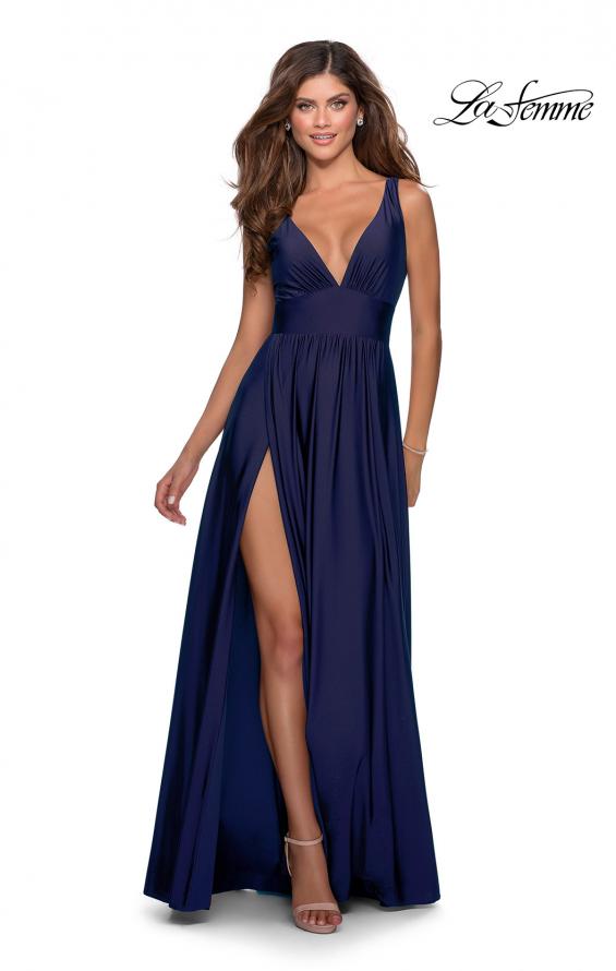 Picture of: Empire Waist Gown with Deep V Neckline in Navy, Style: 30641, Detail Picture 1
