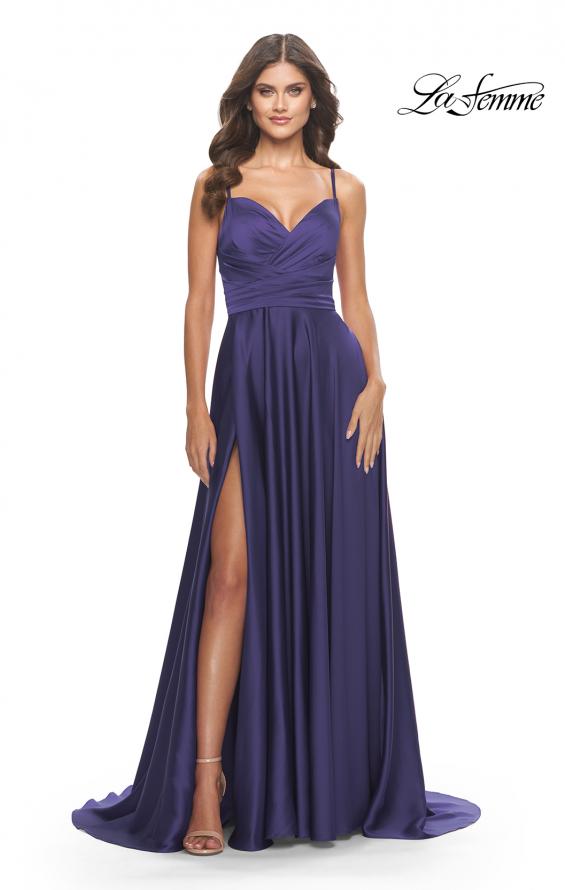 Picture of: Luxury Satin Gown with Criss Cross Bodice in Navy, Style: 31233, Detail Picture 1
