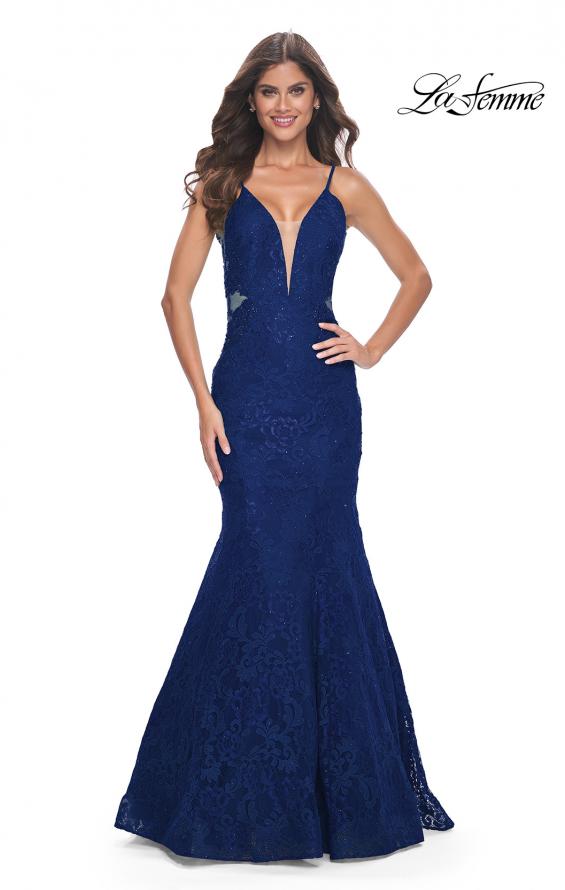 Picture of: Jewel Tone Long Mermaid Lace Dress with Back Rhinestone Detail in Navy, Style: 32315, Detail Picture 1