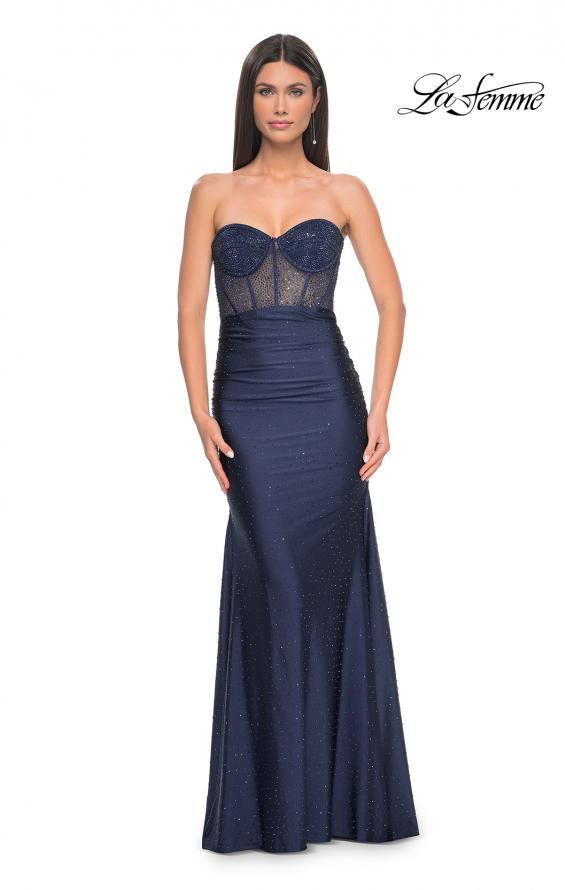 Picture of: Rhinestone Embellished Gown with Ruched Skirt in Navy, Style: 32316, Detail Picture 1