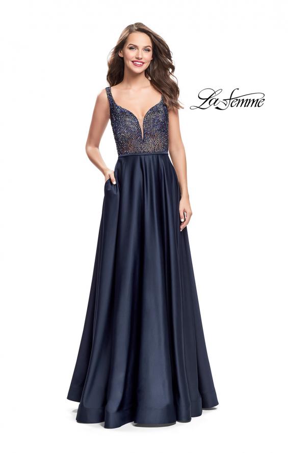 Picture of: Long Satin Dress with A Line Skirt and Beaded Top in Navy, Style: 25348, Detail Picture 2