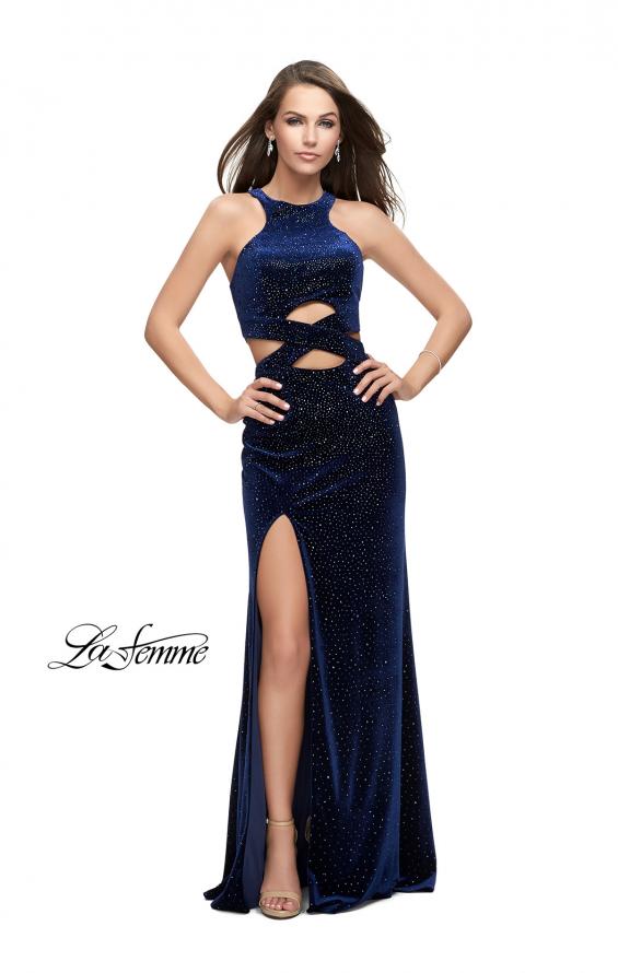 Picture of: Long Velvet Prom Dress with Beading and Open Back in Navy, Style: 25407, Detail Picture 2