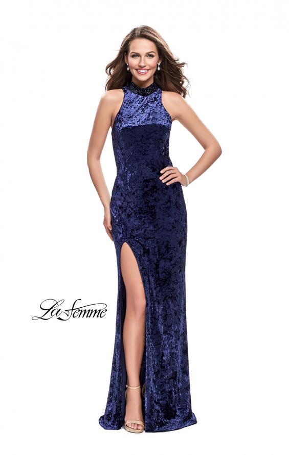 Picture of: Long Crushed Velvet Prom Dress with Beaded Choker in Navyq, Style: 25783, Detail Picture 2