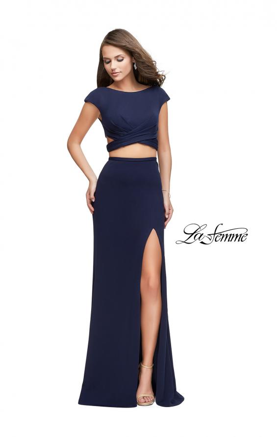 Picture of: Two Piece Wrap Jersey Prom Dress with Short Sleeves in Navy, Style: 25815, Detail Picture 2