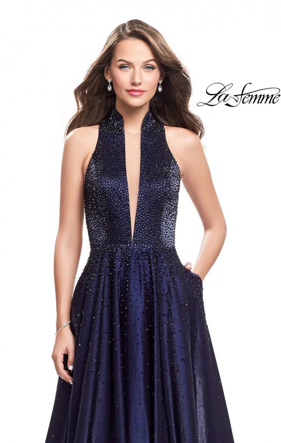 Picture of: Satin Ball Gown with Tonal Beading and Back Cutout in Navy, Style: 25986, Detail Picture 2