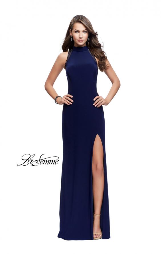 Picture of: Long Form Fitting Prom Gown with Sheer Beaded Detail in Navy, Style: 26004, Detail Picture 2