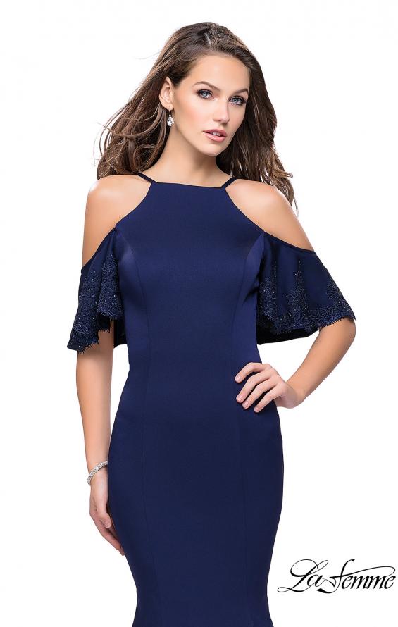 Picture of: Form Fitting Satin Mermaid Dress with Shoulder Cutouts in Navy, Style: 26145, Detail Picture 2