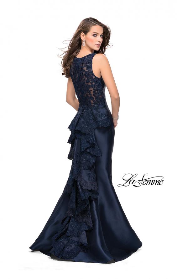 Picture of: Long Mermaid Gown with Lace Back and Ruffles in Navy, Style: 26217, Detail Picture 2