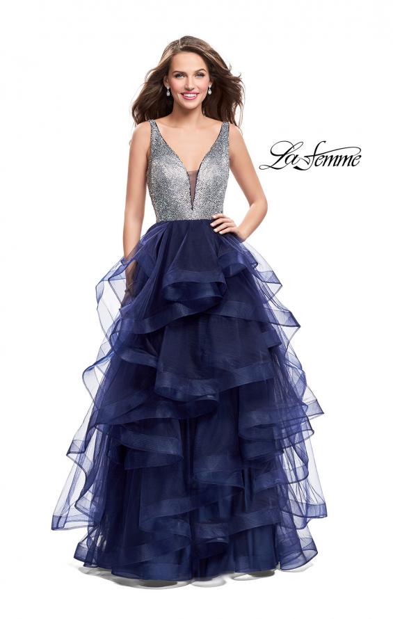 Picture of: Beaded Bodice Ball Gown with Tulle Skirt in Navy, Style: 26223, Detail Picture 2