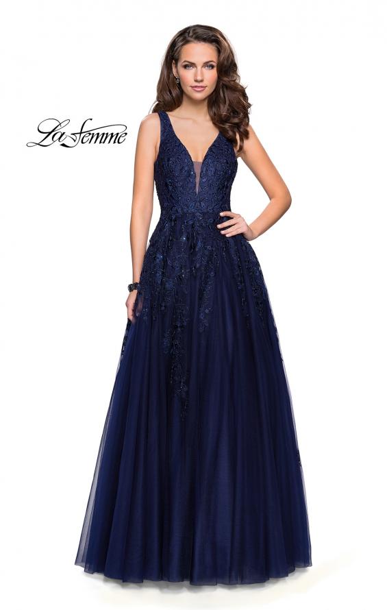 Picture of: A-line Tulle Prom Dress with Floral Lace Applique in Navy, Style: 26353, Detail Picture 2