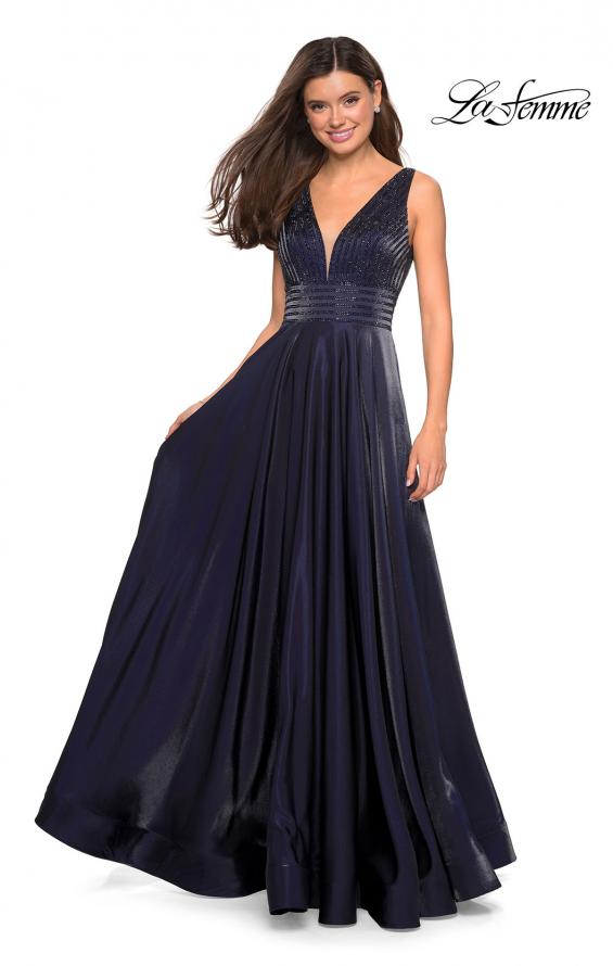 Picture of: Satin Prom Gown with beaded Bust and Pockets in Navy, Style: 27205, Detail Picture 2