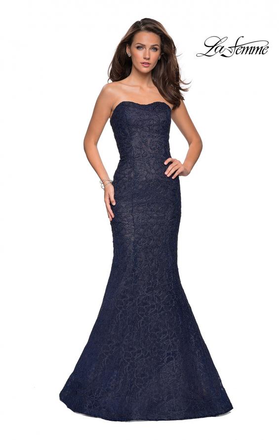 Picture of: Long Mermaid Metallic Lace Strapless Prom Dress in Navy, Style: 27267, Detail Picture 2