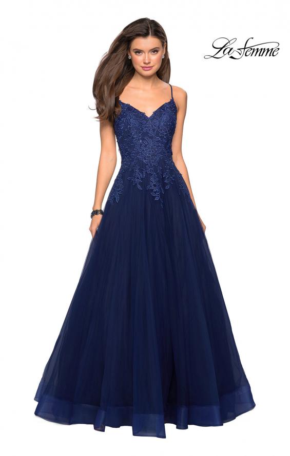 Picture of: Tulle Prom Gown with Floral Lace Embellishments in Navy, Style: 27569, Detail Picture 2
