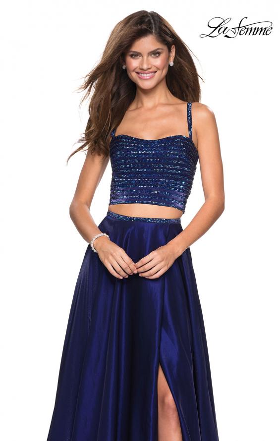 Picture of: Two PIece Satin Prom Dress with Rhinestone Top in Navy, Style: 27607, Detail Picture 2
