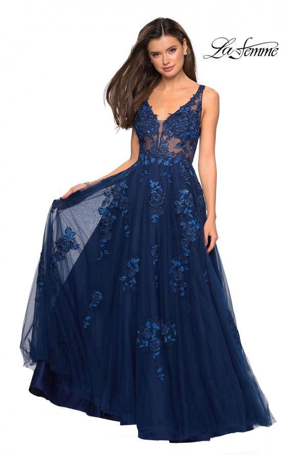 Picture of: Sheer Bodice Prom Dress with Floral Embellishments in Navy, Style: 27647, Detail Picture 2