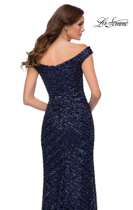 Picture of: Off the Shoulder Sequin Long Dress with Skirt Slit in Navy, Style 29653, Detail Picture 2