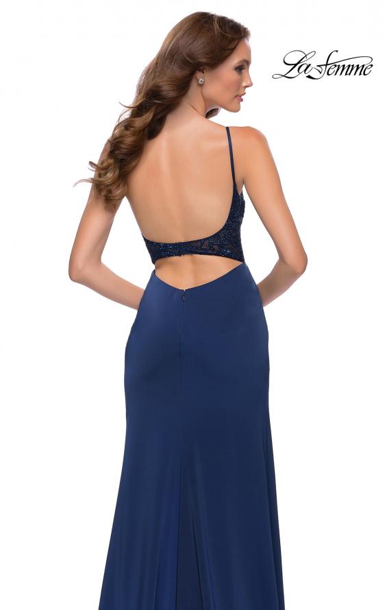 Picture of: Satin Dress with Sheer Lace Bodice and Slit in Navy, Style 29888, Detail Picture 2