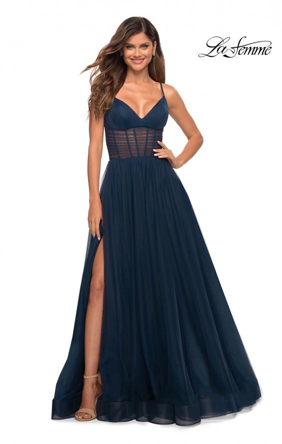 Picture of: Tulle A-line Prom Dress with Corset Sheer Bodice in Navy, Detail Picture 2