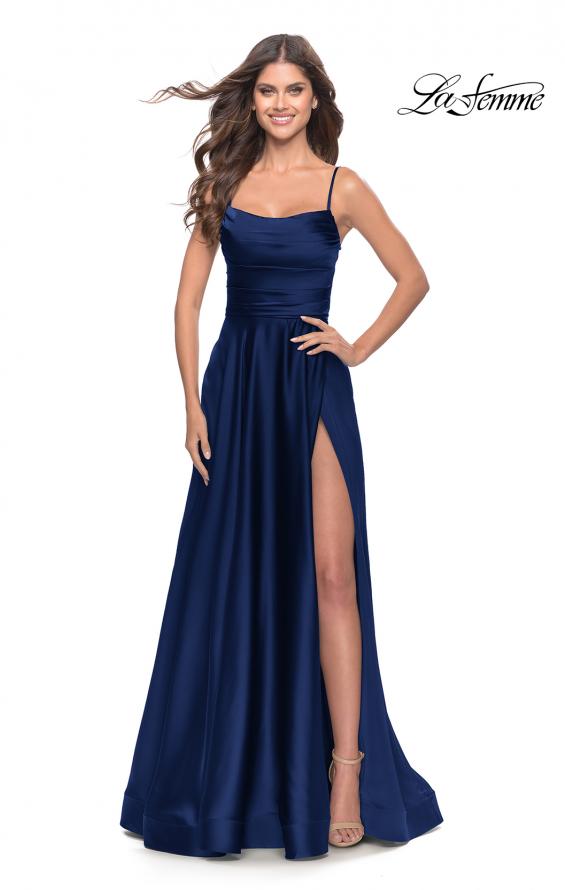 Picture of: A Line Satin Gown with Ruching and Square Neckline in Navy, Style: 31105, Detail Picture 2