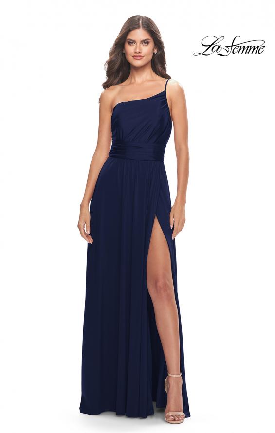 Picture of: Chic One Shoulder Long Jersey Gown with Defined Waist in Navy, Style: 31170, Detail Picture 2