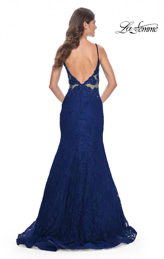 Picture of: Jewel Tone Long Mermaid Lace Dress with Back Rhinestone Detail in Navy, Style: 32315, Detail Picture 2