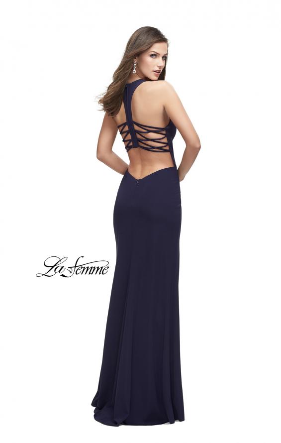 Picture of: Long Jersey Dress with High Neckline and Side Leg Slit in Navy, Style: 25477, Detail Picture 3