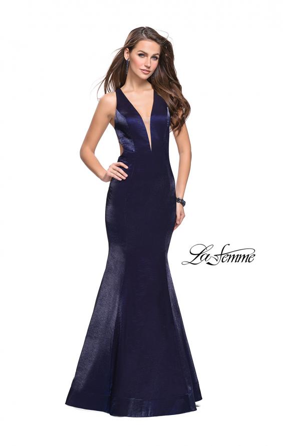 Picture of: Long Form Fitting Mermaid Prom Dress with Deep V in Navy, Style: 25494, Detail Picture 3
