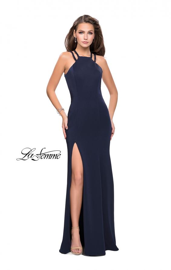 Picture of: Classic Long Evening Gown with Beaded Straps and Slit in Navy, Style: 25540, Detail Picture 3