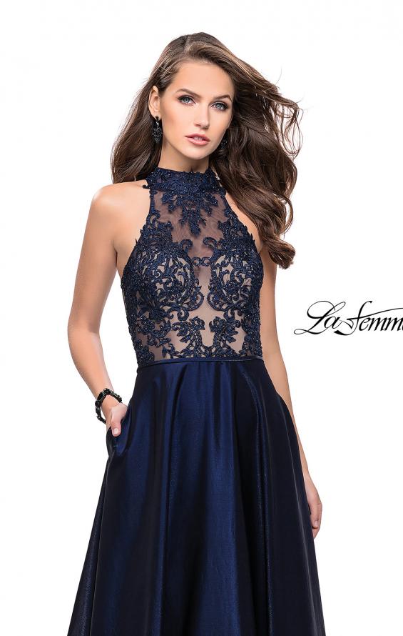 Picture of: Long Prom Dress with Satin A-line Skirt and Beading in Navy, Style: 25617, Detail Picture 3