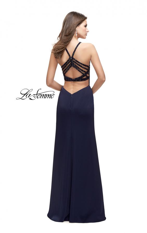 Picture of: Long Jersey Prom Dress with Beaded Strappy Open Back in Navy, Style: 25669, Detail Picture 3