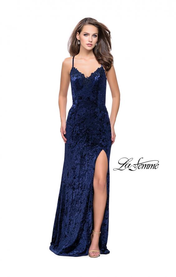 Picture of: Crushed Velvet Prom Dress with Lace Neckline in Navy, Style: 25881, Detail Picture 3