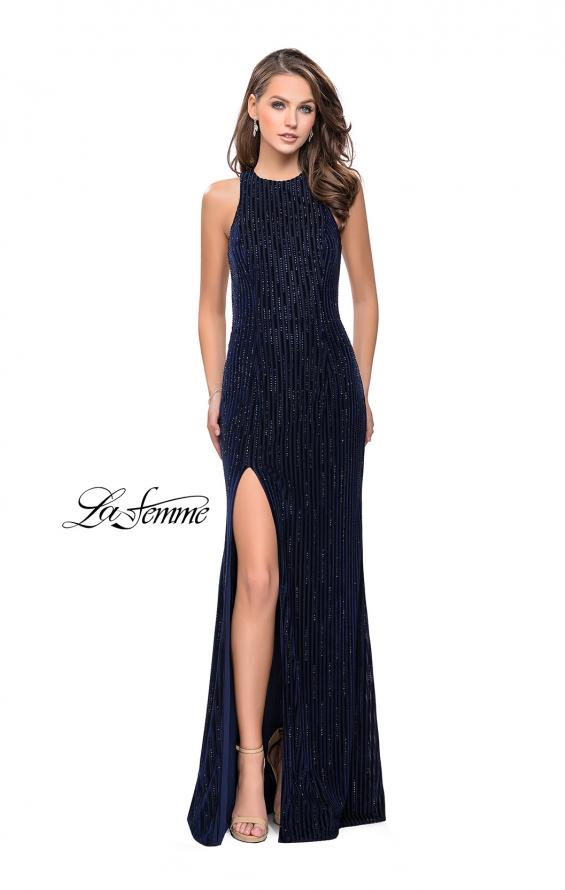 Picture of: Beaded Velvet Patterned Long Prom Dress with Slit in Navy, Style: 26116, Detail Picture 3