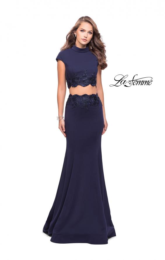 Picture of: Two Piece Jersey Applique Gown with Short Sleeves in Navy, Style: 26196, Detail Picture 3