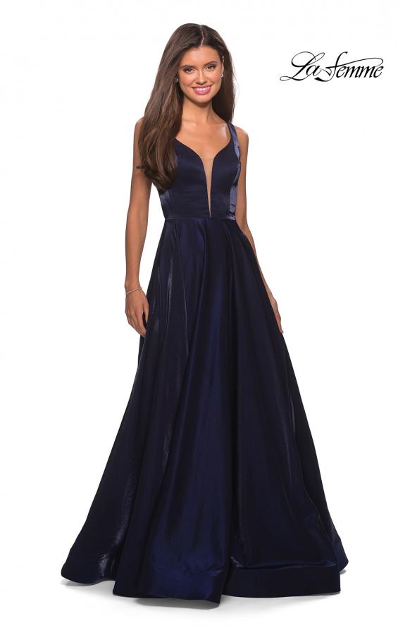 Picture of: Two Tone Satin Long Gown with Plunging Neckline in Navy, Style: 27049, Detail Picture 3