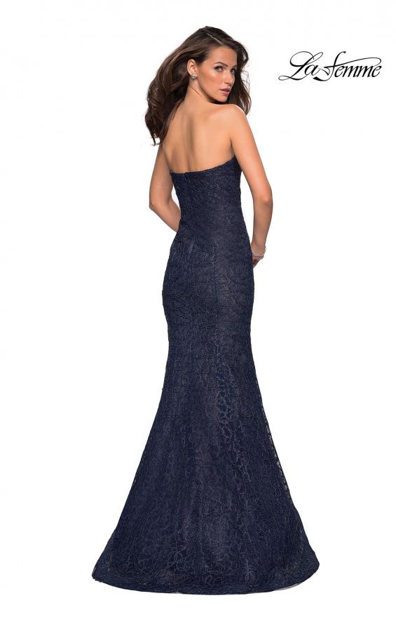 Picture of: Long Mermaid Metallic Lace Strapless Prom Dress in Navy, Style: 27267