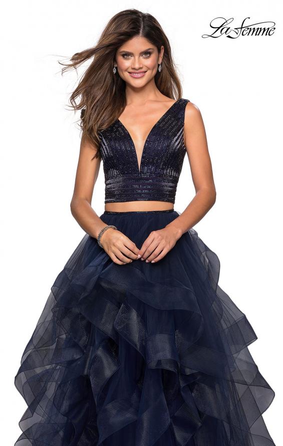 Picture of: Two Piece Metallic Tulle Dress with Rhinestone Bust in Navy, Style: 27445, Detail Picture 3