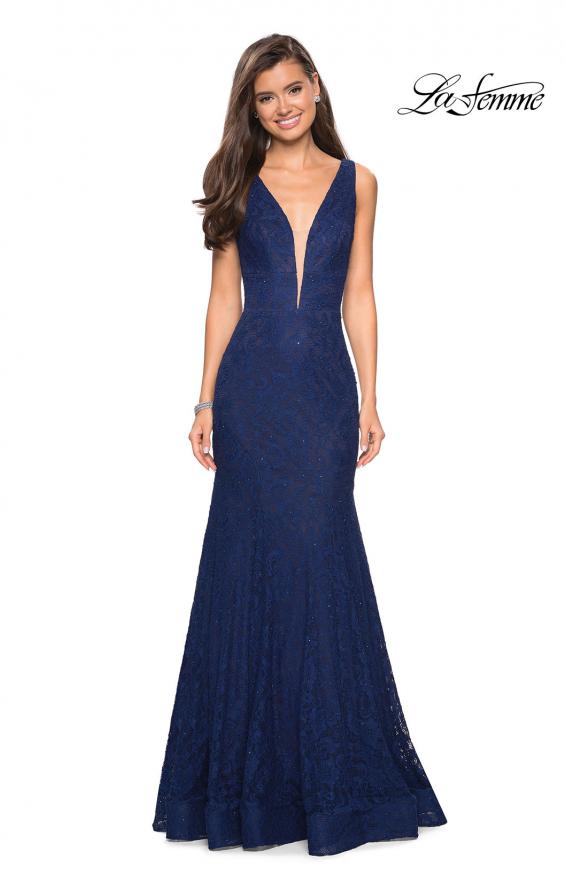 Picture of: Stretch Lace Prom Dress with Plunging Neckline in Navy, Style: 27464, Detail Picture 3