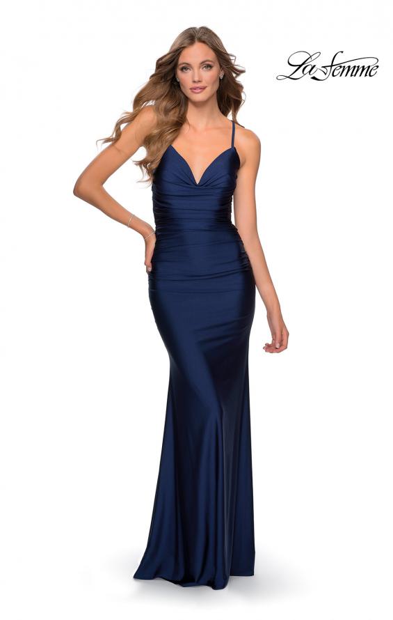 Picture of: Form Fitting Jersey Dress with Ruching and Strappy Back in Navy, Style: 27501, Detail Picture 3
