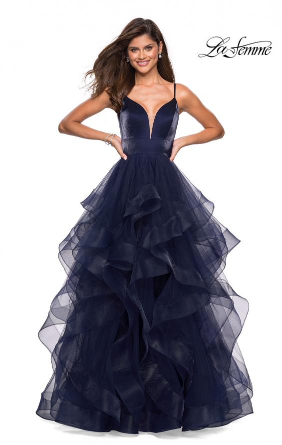 Picture of: Cascading Tulle Gown with Satin Top and V Back in Navy, Style: 27502, Detail Picture 3