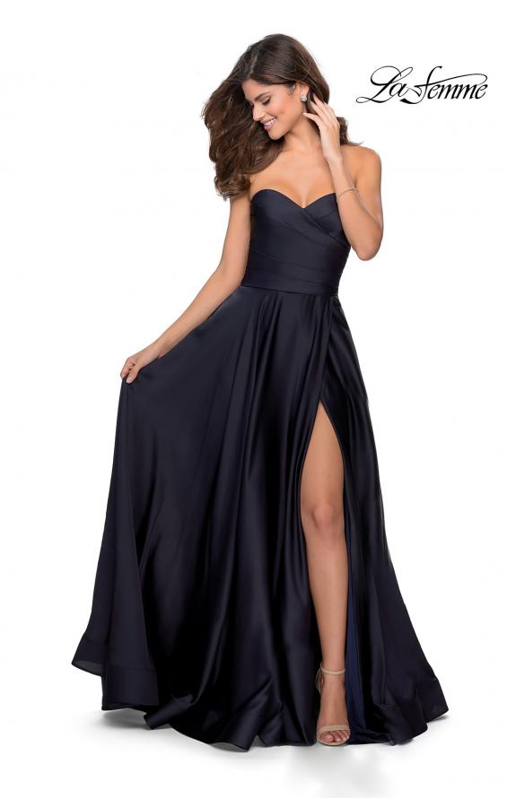 Picture of: Strapless Satin Gown with Pleated Bodice and Slit in Navy, Style: 28608, Detail Picture 3