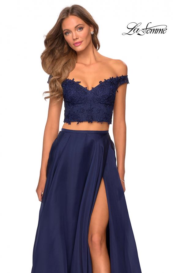 Picture of: Two Piece Dress with Sheer Off the Shoulder Top in Navy, Style: 28704, Detail Picture 3