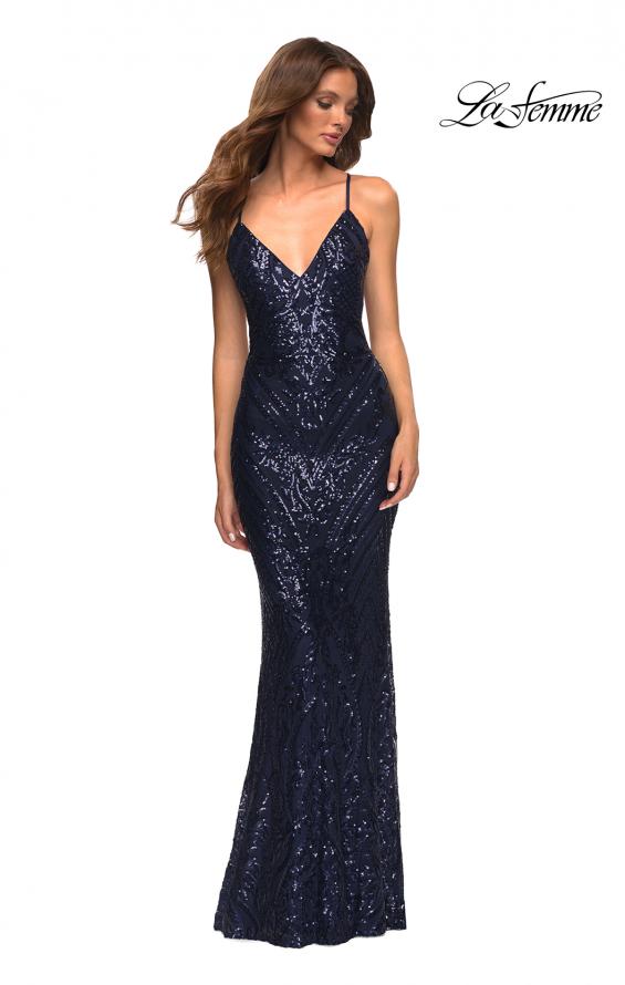 Picture of: Print Sequin Gown in Jewel Tones with V Neckline in Blue, Style: 30496, Detail Picture 3