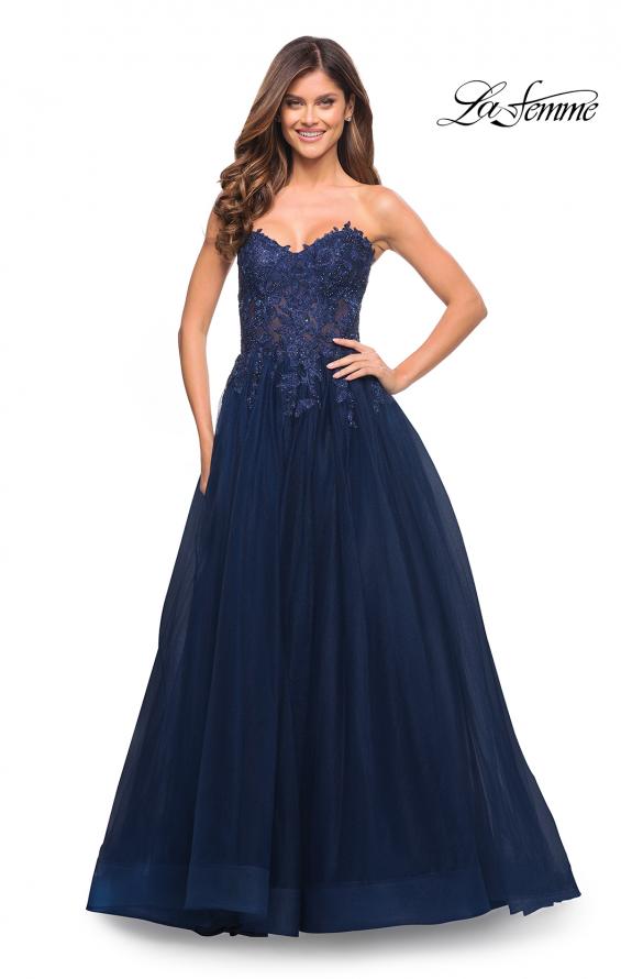 Picture of: Tulle and Lace Ballgown with High Slit and Pockets in Navy, Style: 30592, Detail Picture 3