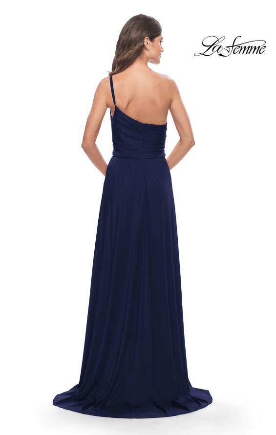 Picture of: Chic One Shoulder Long Jersey Gown with Defined Waist in Navy, Style: 31170, Detail Picture 3