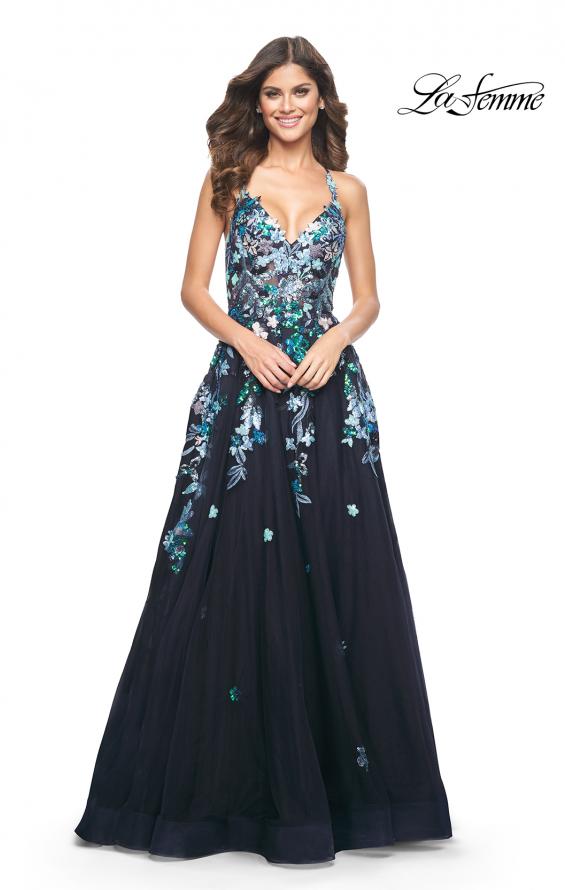Picture of: Gorgeous Sequin Floral Lace Applique A-Line Tulle Prom Dress in Navy, Style: 32023, Detail Picture 3
