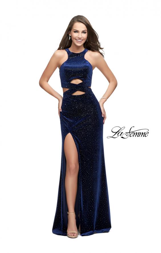 Picture of: Long Velvet Prom Dress with Beading and Open Back in Navy, Style: 25407, Detail Picture 2
